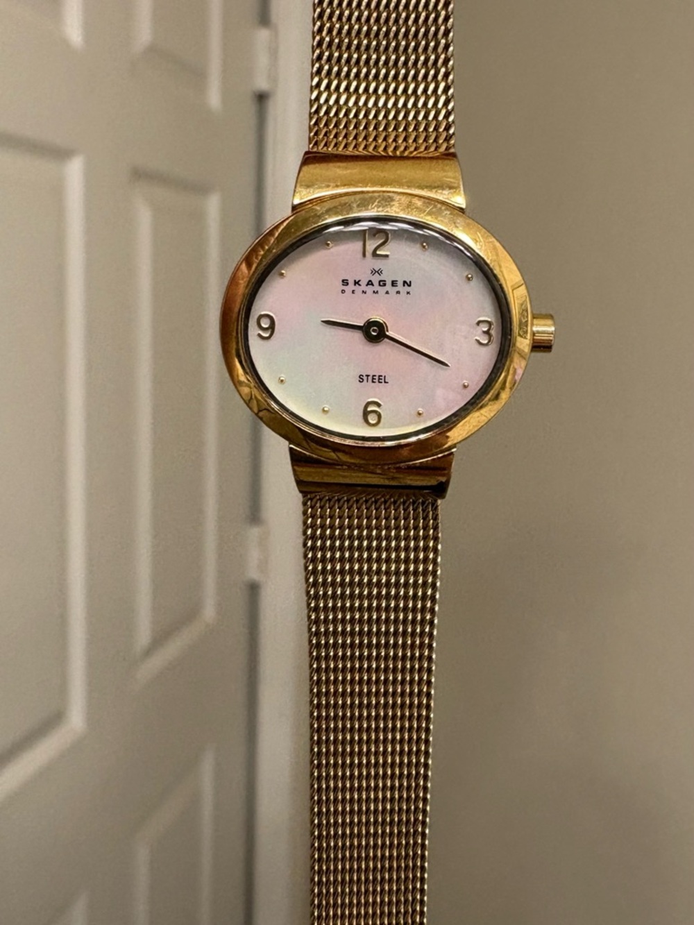 Skagen Gold-Tone Mesh Watch with Mother-of-Pearl Dial